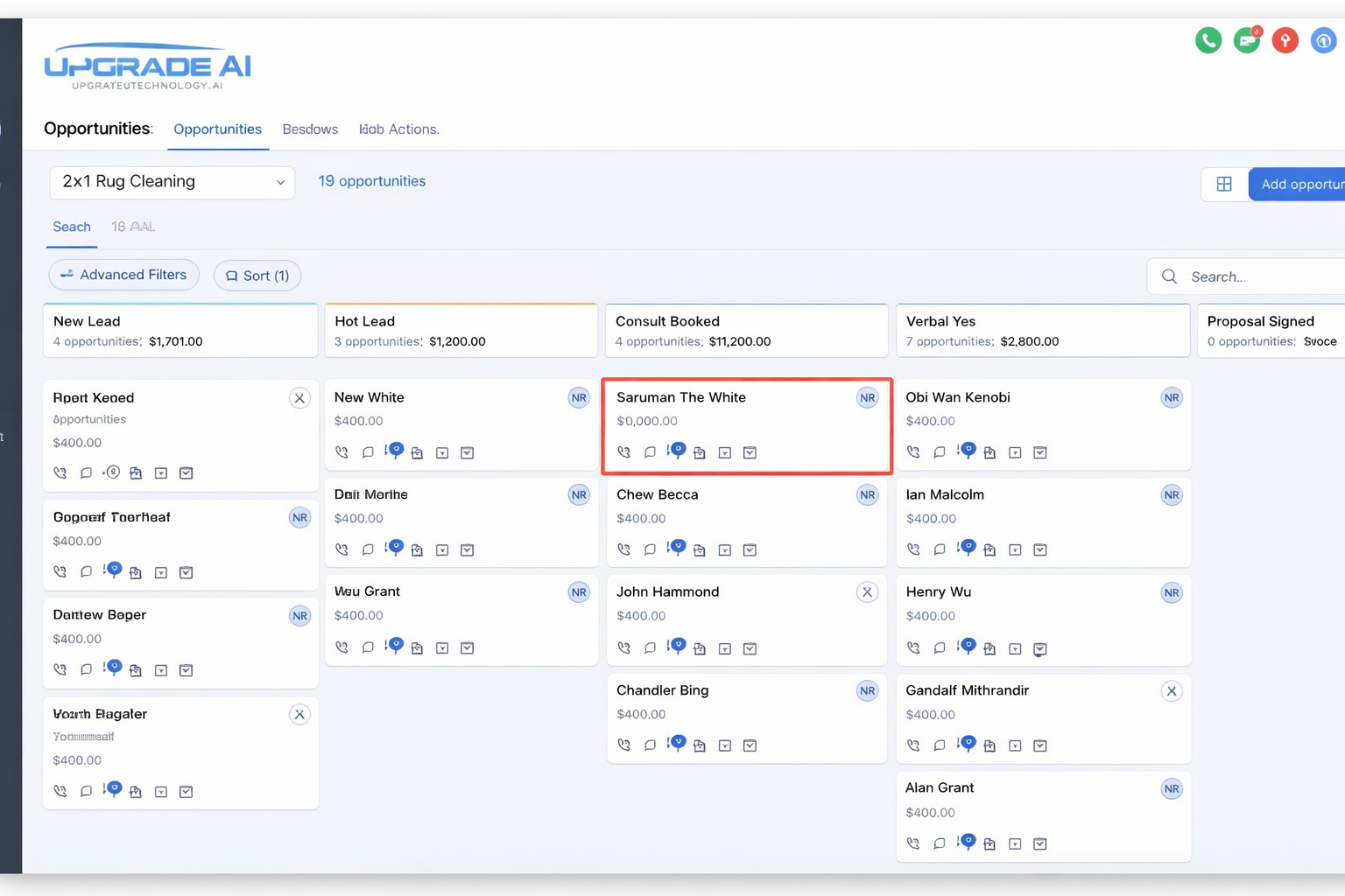 Upgrade Automation Platform dashboard showing lead pipeline and CRM